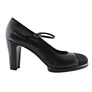 Chanel 24B Black CC Logo Mary Jane Ankle Strap Block Heel Platform Pumps 41